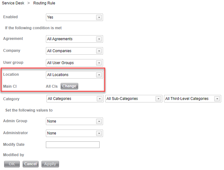 בגרסה החדשה של SysAid ניתן להגדיר כללי ניתוב על-פי ה- CI הראשי והמיקום.